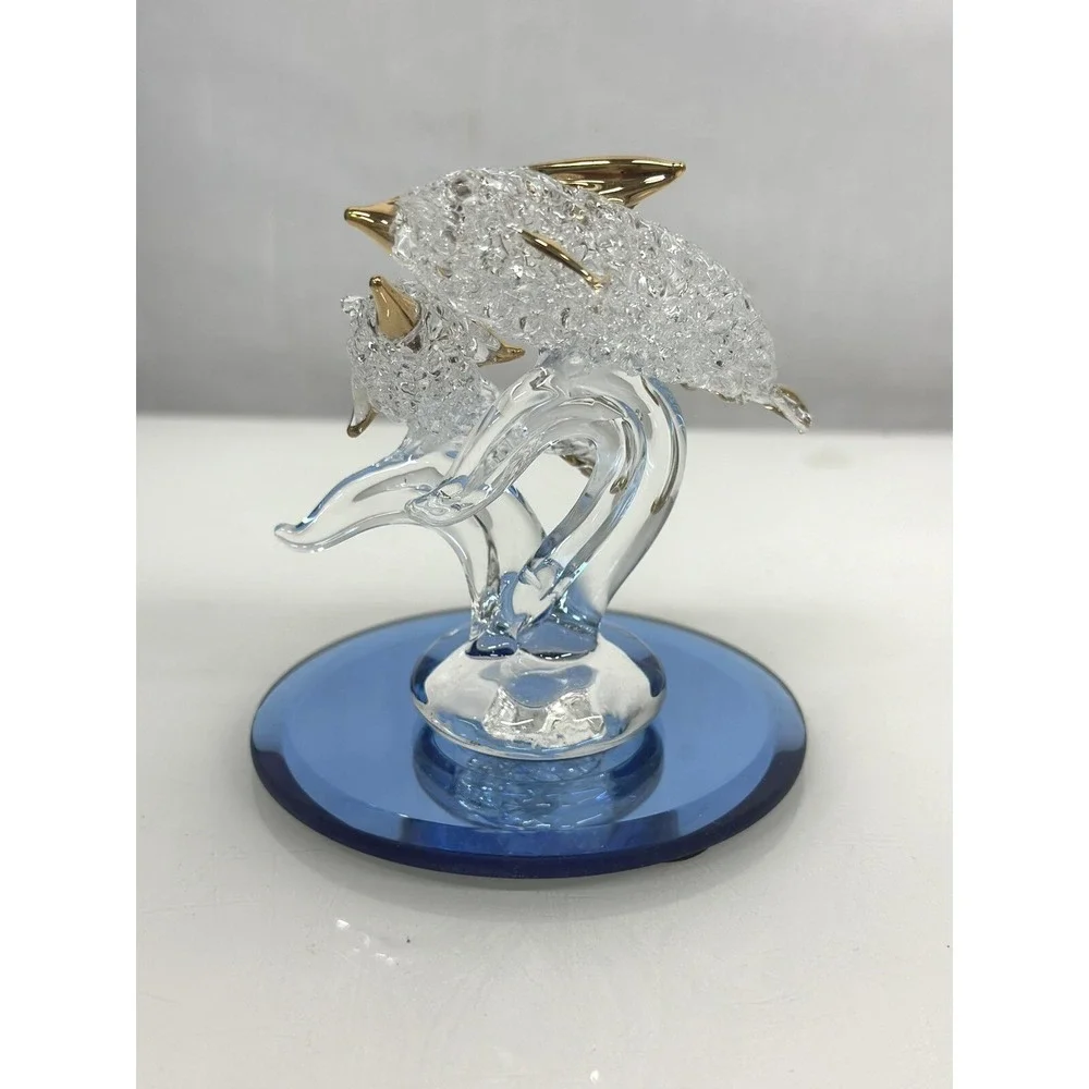 Spun Glass Dolphin Porpoise Figurine Ornament Mirror Base 24K Gold